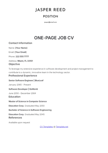 Free One-Page Job CV Template to Edit Online