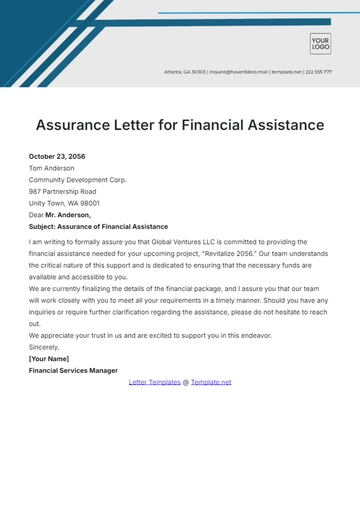 Free Assurance Letter for Financial Assistance Letter Template to Edit Online