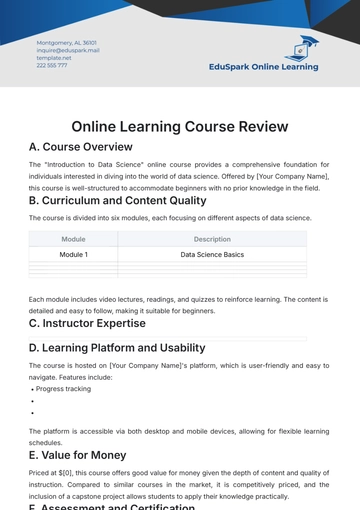 Free Online Learning Course Review Template to Edit Online