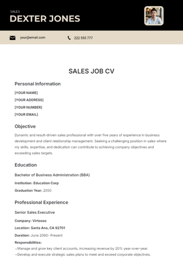 Free Sales Job CV Template to Edit Online