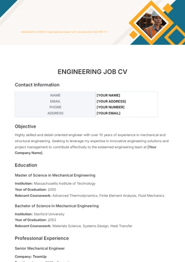 Free Engineering Job CV Template to Edit Online
