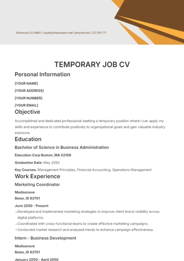 Free Temporary Job CV Template to Edit Online