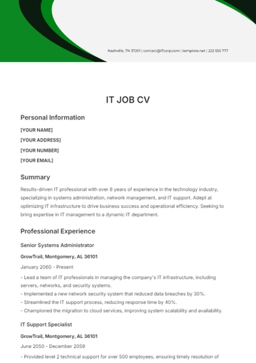 Free IT Job CV Template to Edit Online