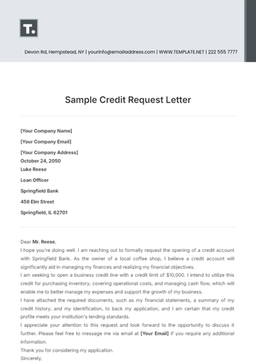 Free Sample Credit Request Letter Template to Edit Online