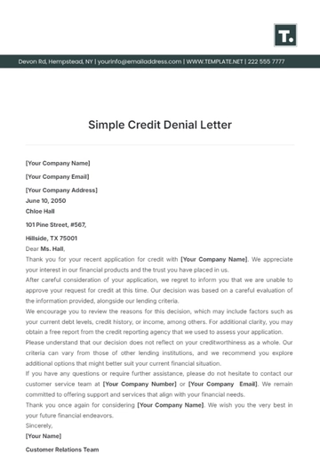 Free Simple Credit Denial Letter Template to Edit Online