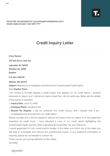 Free Credit Inquiry Letter Template to Edit Online