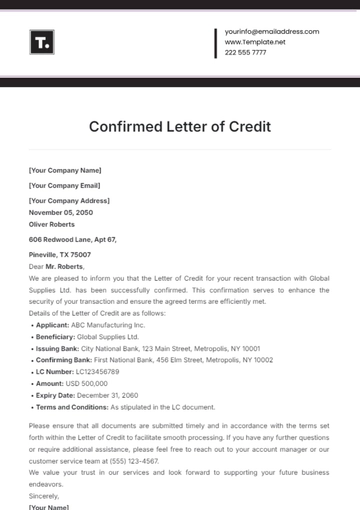 Free Confirmed Letter of Credit Template to Edit Online
