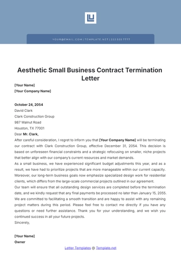 Free Aesthetic Small Business Contract Termination Letter Template to Edit Online