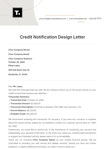 Free Credit Notification Design Letter Template to Edit Online