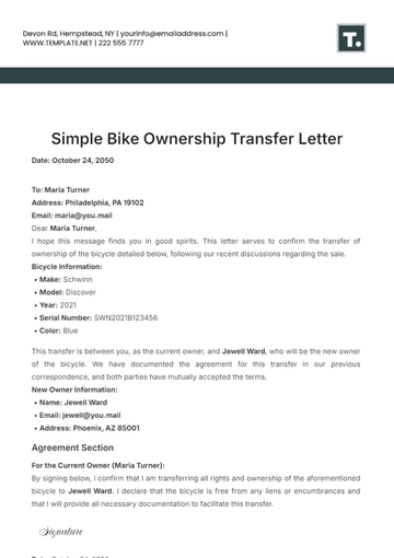 Free Simple Bike Ownership Transfer Letter Template to Edit Online