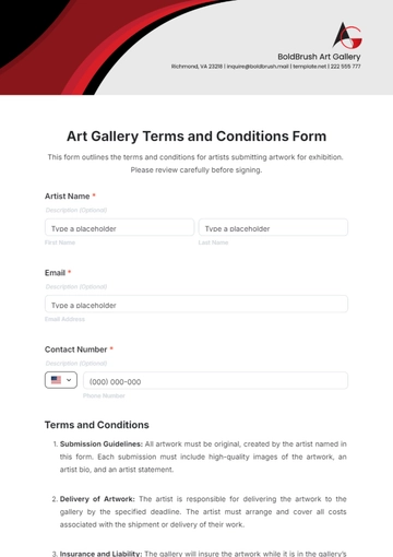 Free Art Gallery Terms and Conditions Form Template to Edit Online
