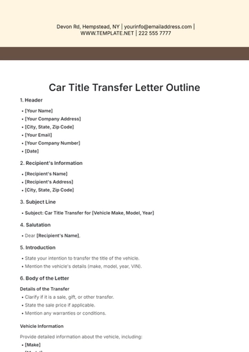 Free Car Title Transfer Letter Outline Template to Edit Online