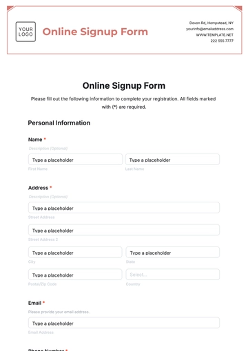 Free Online Signup Form Template to Edit Online
