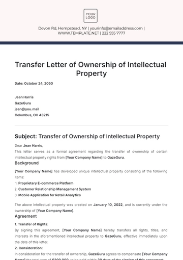 Free Transfer Letter of Ownership of Intellectual Property Template to Edit Online