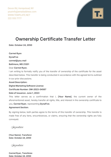 Free Ownership Certificate Transfer Letter Template to Edit Online