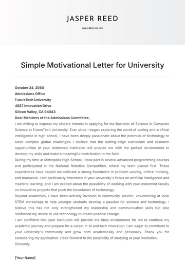 Free Simple Motivational Letter for University Template to Edit Online