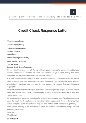 Free Credit Check Response Letter Template to Edit Online