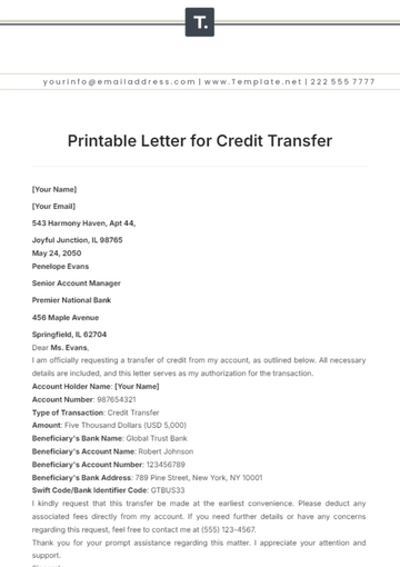 Free Printable Letter for Credit Transfer Template to Edit Online