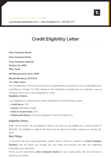 Free Credit Eligibility Letter Template to Edit Online