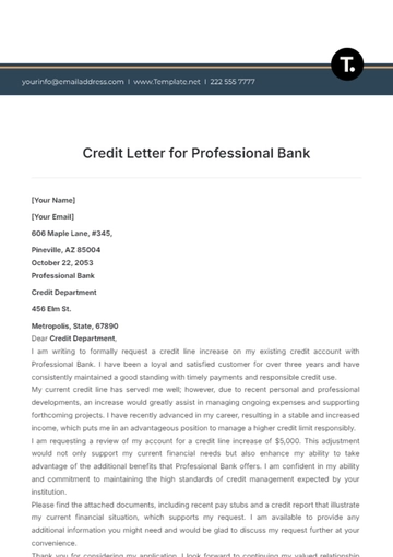 Free Credit Letter for Professional Bank Template to Edit Online