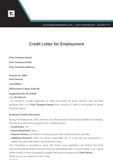 Free Credit Letter for Employment Template to Edit Online