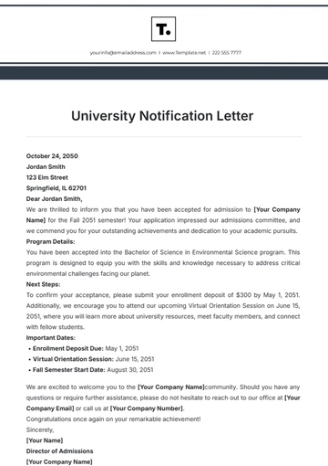 Free University Notification Letter Template to Edit Online