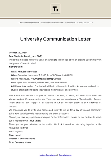 Free University Communication Letter Template to Edit Online