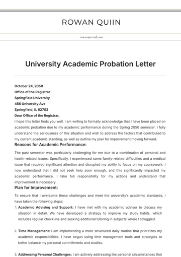 Free University Academic Probation Letter Template to Edit Online