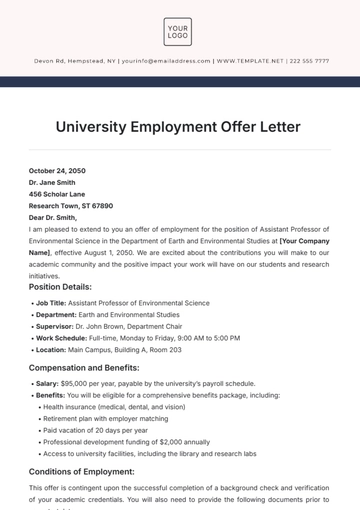 Free University Employment Offer Letter Template to Edit Online