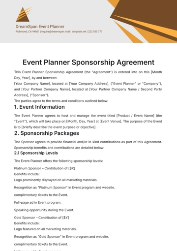 Free Event Planner Sponsorship Agreement Template to Edit Online