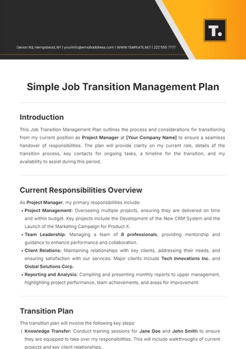 Free Simple Job Transition Management Plan Template to Edit Online