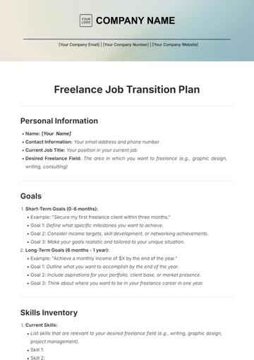 Free Blank Freelance Job Transition Plan Template to Edit Online