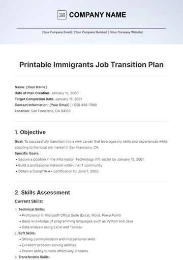 Free Printable Immigrants Job Transition Plan Template to Edit Online