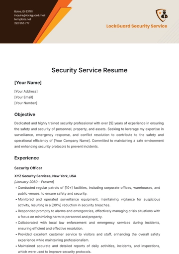 Free Security Service Resume Template to Edit Online