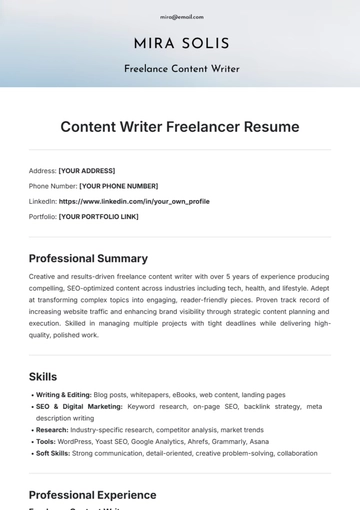 Free Content Writer Freelancer Resume Template to Edit Online