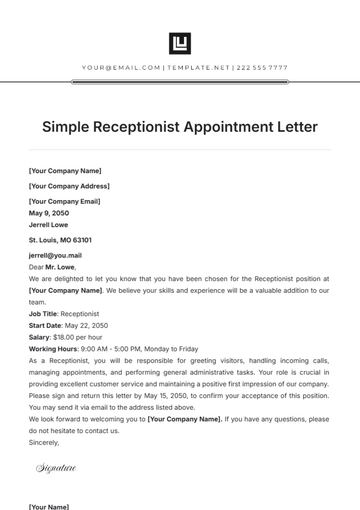 Free Simple Receptionist Appointment Letter Template to Edit Online