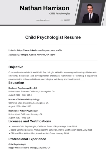 Free Child Psychologist Resume Template to Edit Online