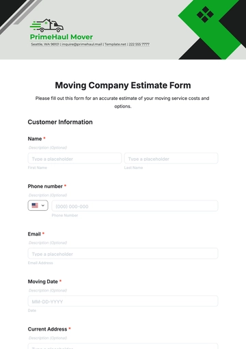 Free Moving Company Estimate Form Template to Edit Online