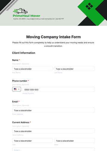 Free Moving Company Intake Form Template to Edit Online