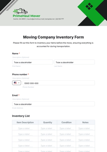Free Moving Company Inventory Form Template to Edit Online