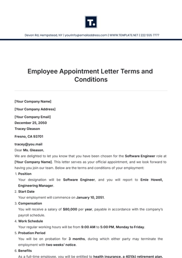 Free Employee Appointment Letter Terms and Conditions Template to Edit Online