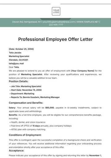 Free Professional Employee Offer Letter Template to Edit Online