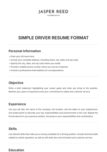 Free Simple Driver Resume Format Template to Edit Online
