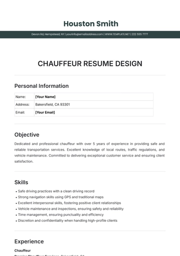 Free Chauffeur Resume Design Template to Edit Online