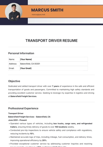 Free Transport Driver Resume Template to Edit Online