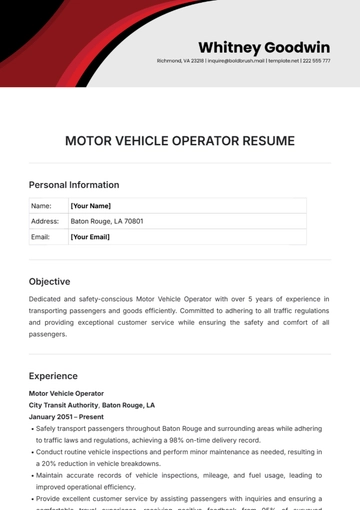 Free Motor Vehicle Operator Resume Template to Edit Online