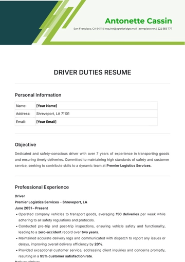 Free Driver Duties Resume Template to Edit Online