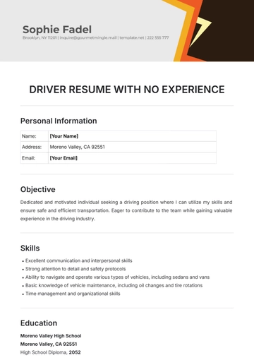 Free Driver Resume with No Experience Template to Edit Online