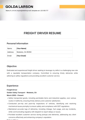 Free Freight Driver Resume Template to Edit Online