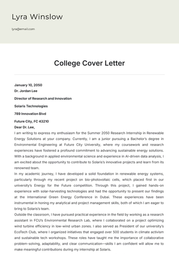 Free College Cover Letter Template to Edit Online